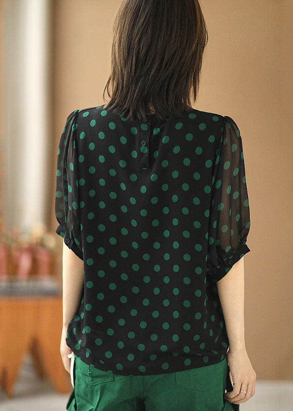 Stylish Black O-neck Dot Print Draping Chiffon Shirt Short Sleeve