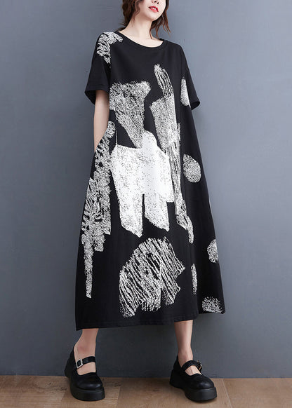 Stylish Black O-neck Oversized Print Cotton Long Dress Summer