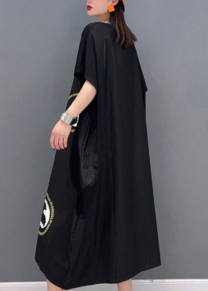 Stylish Black O-neck Patchwork Print Vacation Long Dresses Short Sleeve