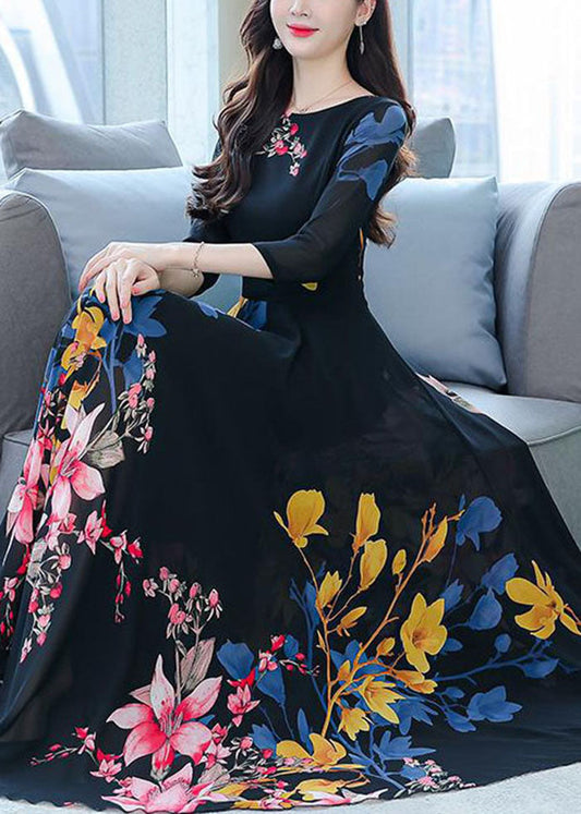 Stylish Black O-neck Print Exra Large Hem Chiffon Dresses Half Sleeve