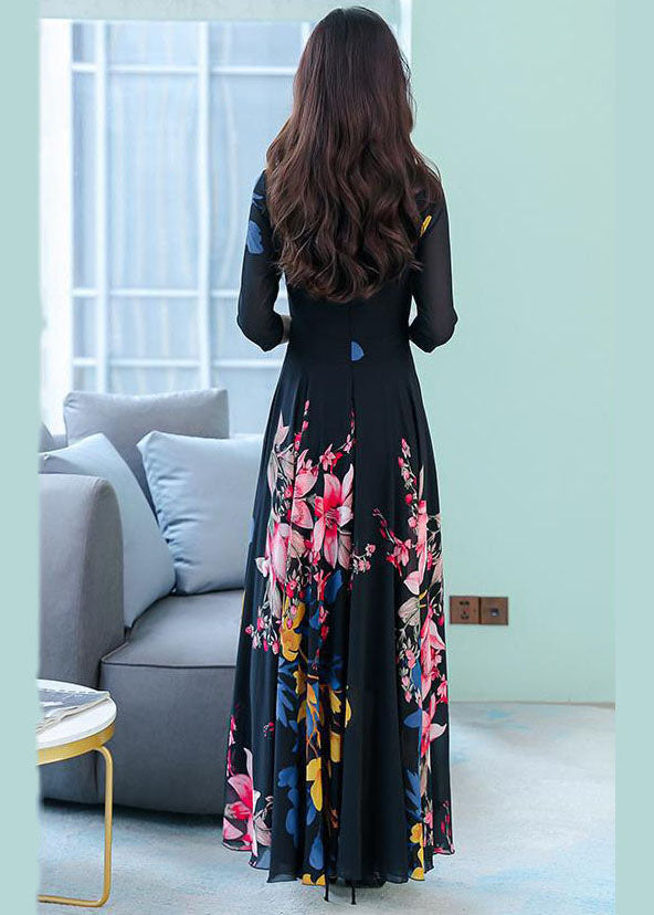 Stylish Black O-neck Print Exra Large Hem Chiffon Dresses Half Sleeve