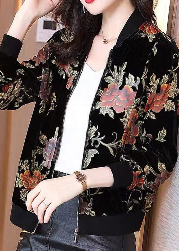 Stylish Black O-neck Print Zippered Velour Coats Long Sleeve
