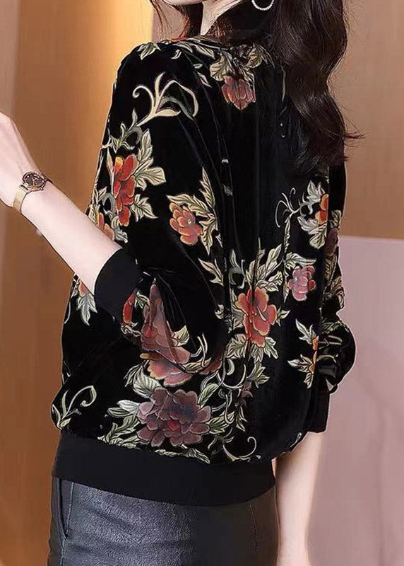 Stylish Black O-neck Print Zippered Velour Coats Long Sleeve
