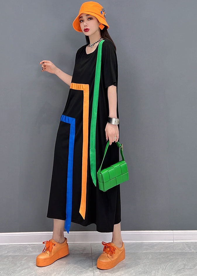 Stylish Black O-neck Rainbow Applique Cotton Lengthen Dress Short Sleeve