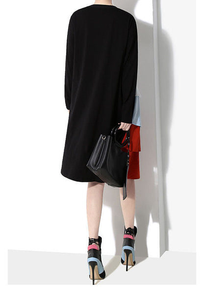 Stylish Black O-neck Ruffles Patchwork Dress Spring
