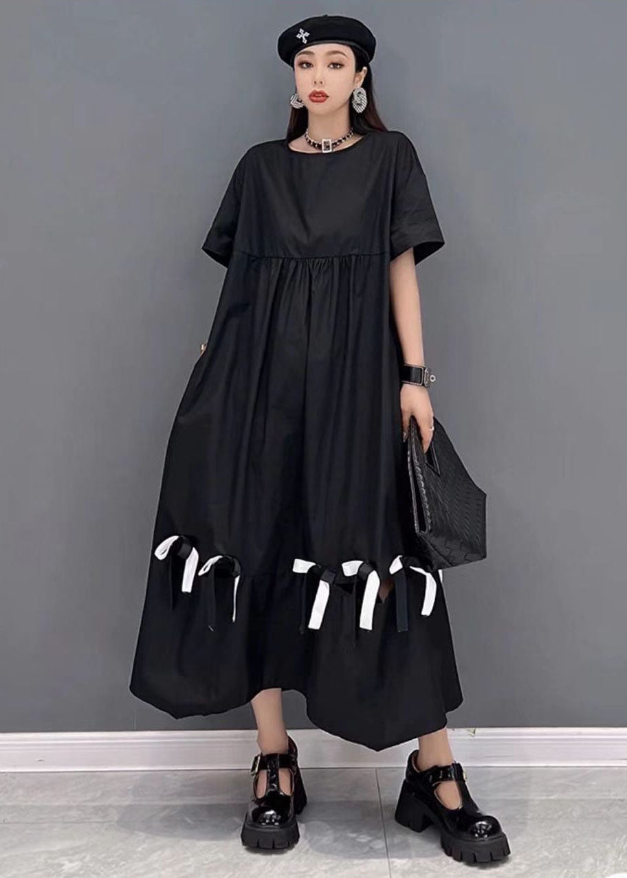 Stylish Black O-neck Wrinkled Cotton Long Dress Short Sleeve