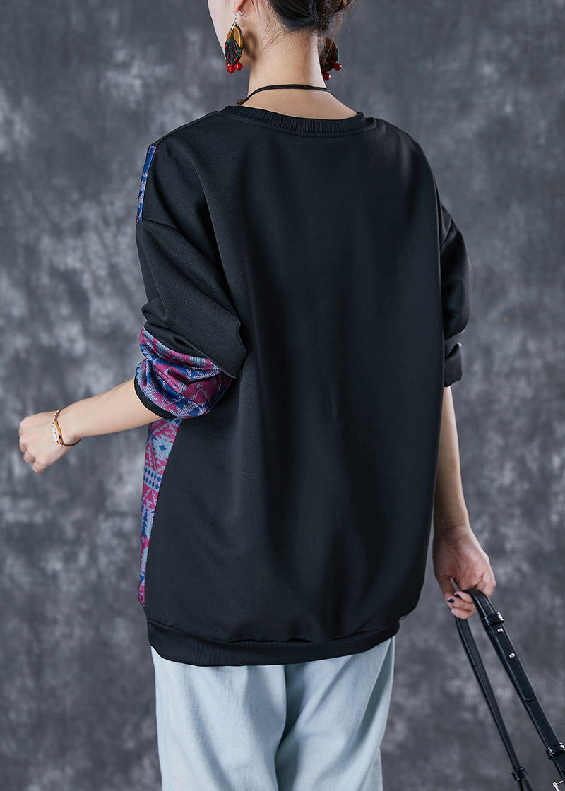Stylish Black Oversized Patchwork Cotton Sweatshirt Fall