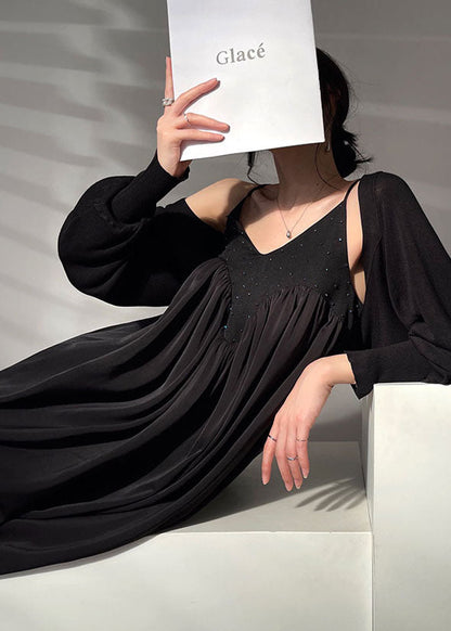 Stylish Black Oversized Patchwork Wrinkled Cotton Spaghetti Strap Long Dresses Sleeveless
