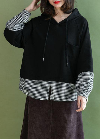 Stylish Black Patchwork Plaid Pockets Fall Loose Pullover Street Wear