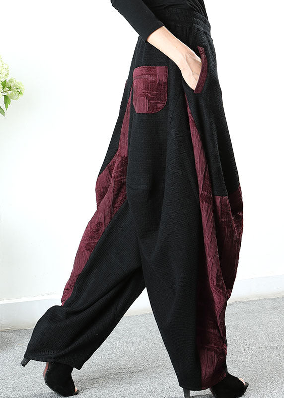 Stylish Black Patchwork Red Asymmetrical Design Pants Winter