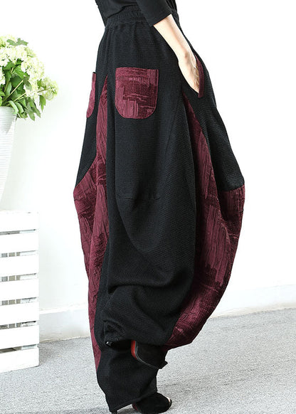 Stylish Black Patchwork Red Asymmetrical Design Pants Winter