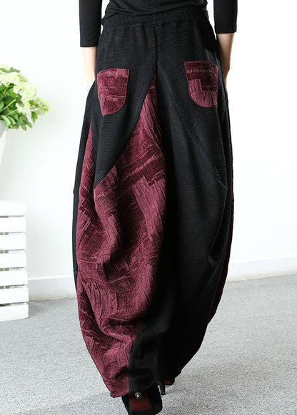Stylish Black Patchwork Red Asymmetrical Design Pants Winter