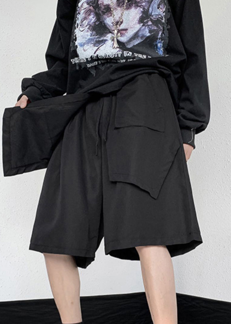 Stylish Black Patchwork Tie Waist Wide Leg Pants Summer