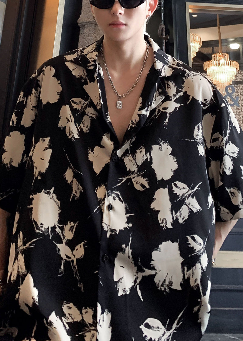 Stylish Black Peter Pan Collar Button Print Cotton Shirts Half Sleeve
