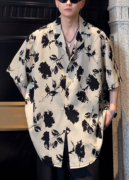 Stylish Black Peter Pan Collar Button Print Cotton Shirts Half Sleeve