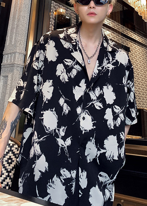 Stylish Black Peter Pan Collar Button Print Cotton Shirts Half Sleeve