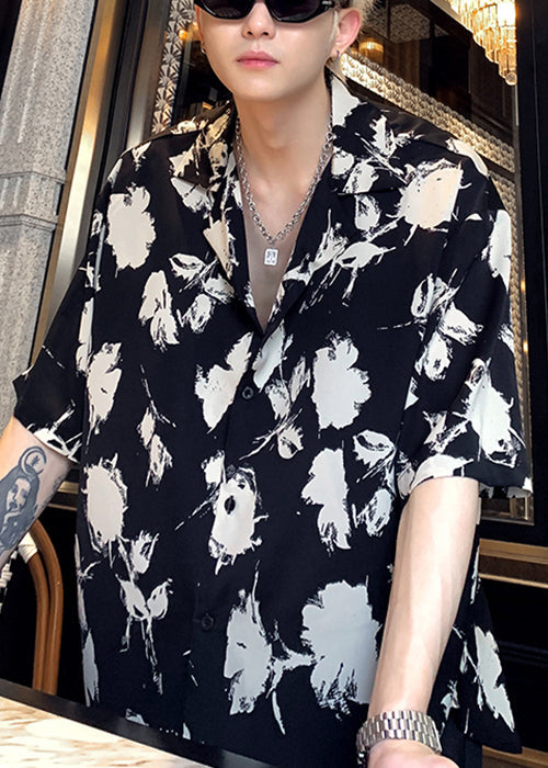 Stylish Black Peter Pan Collar Button Print Cotton Shirts Half Sleeve