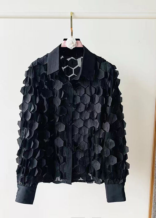 Stylish Black Peter Pan Collar Patchwork Chiffon Shirt Top Spring