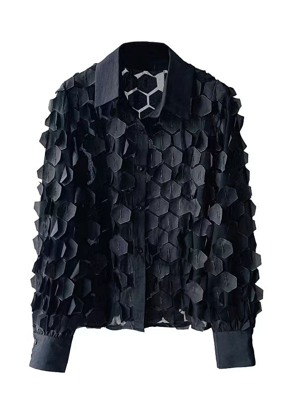 Stylish Black Peter Pan Collar Patchwork Chiffon Shirt Top Spring