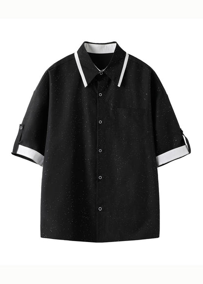 Stylish Black Peter Pan Collar Patchwork Cotton Shirts Summer