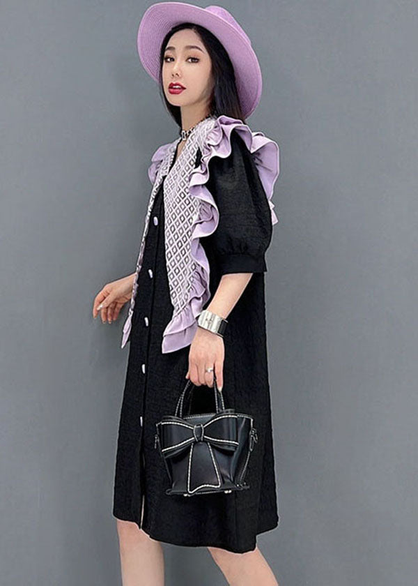Stylish Black Peter Pan Collar Patchwork Ruffled Cotton Dresses Short Sleeve
