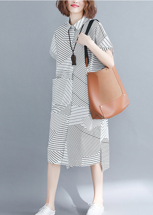 Stylish Black Peter Pan Collar Low High Design Striped Shirt Dresses Short Sleeve