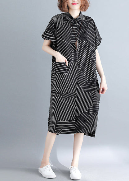 Stylish Black Peter Pan Collar Low High Design Striped Shirt Dresses Short Sleeve