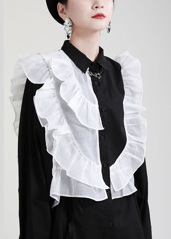 Stylish Black Peterpan Collar Button Ruffles Asymmetrical Design Fall Top Long Sleeve