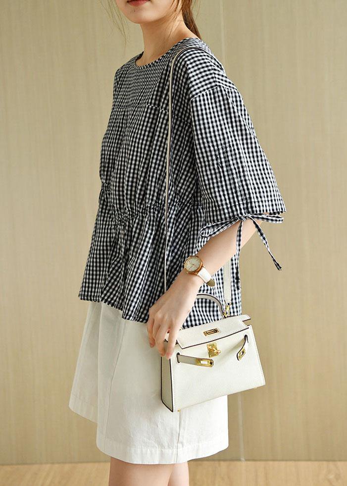 Stylish Black Plaid O-neck Asymmetrical Design Summer Tops Half Sleeve