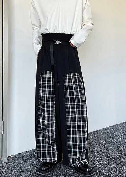 Stylish Black Plaid Patchwork Cotton Pants Apparel Spring