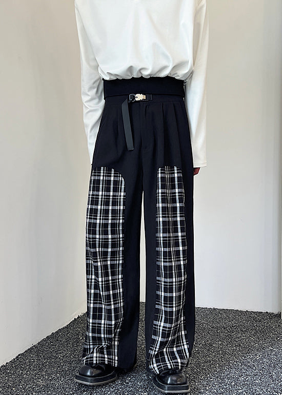 Stylish Black Plaid Patchwork Cotton Pants Apparel Spring