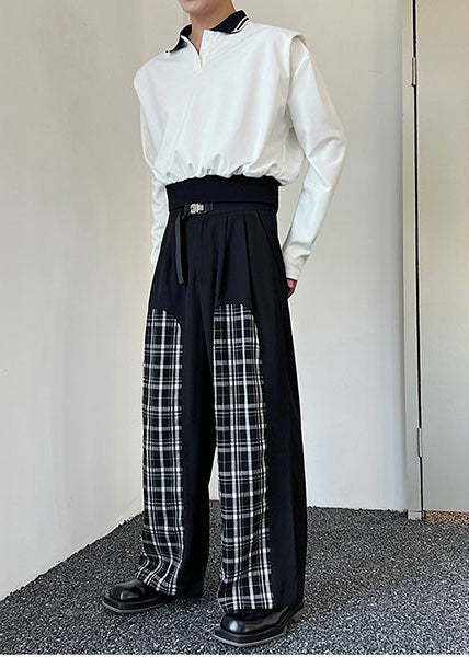 Stylish Black Plaid Patchwork Cotton Pants Apparel Spring