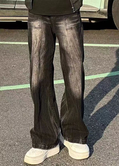 Stylish Black Pockets Denim Straight Pants Fall