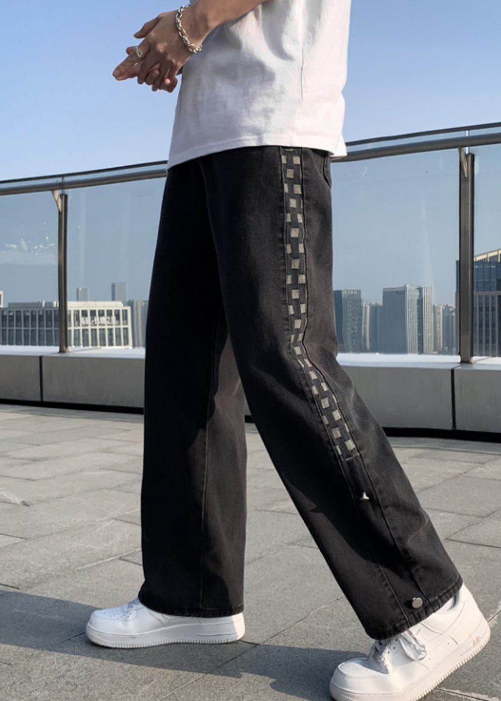 Stylish Black Pockets Patchwork Denim Pants Trousers Fall
