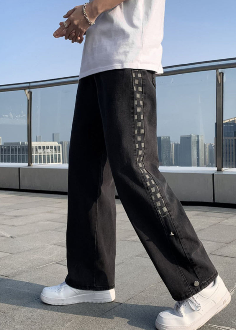 Stylish Black Pockets Patchwork Denim Pants Trousers Fall