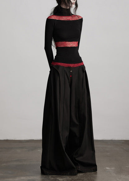 Stylish Black Pockets Wrinkled Patchwork Cotton Wide Leg Pants Spring