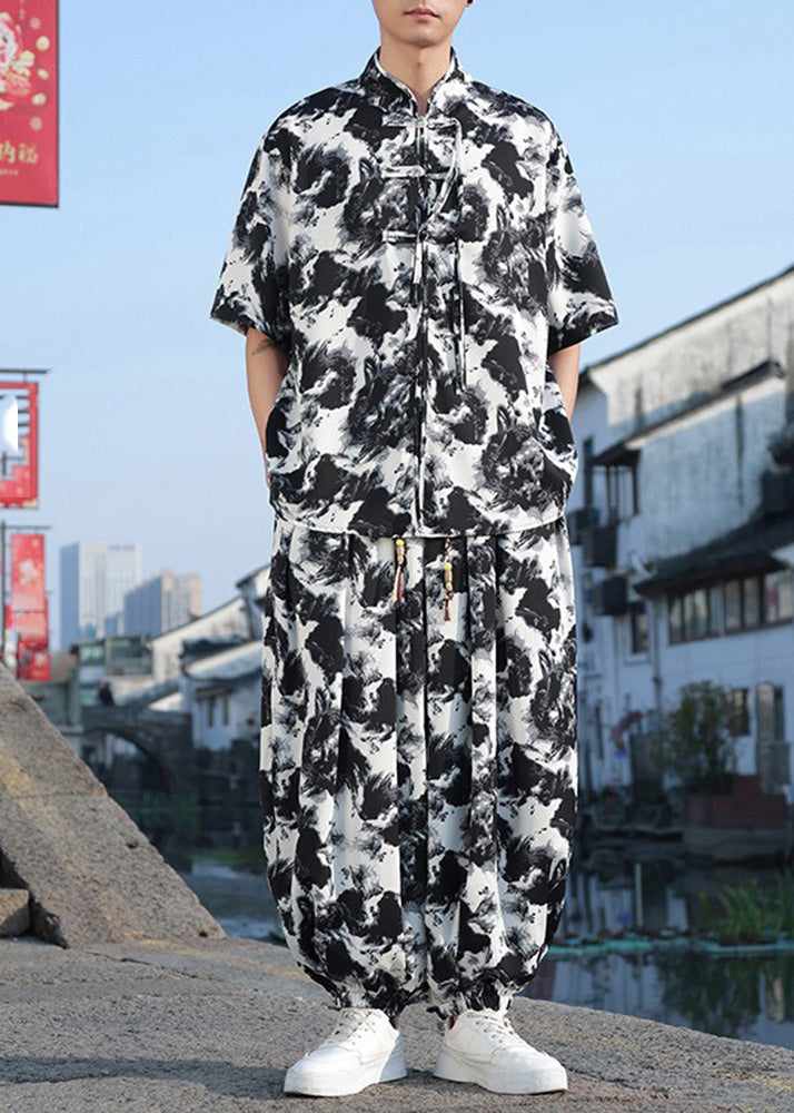 Stylish Black Print Button Ice Silk Shirt and Lantern Pants Two Piece Set Short Sleeve