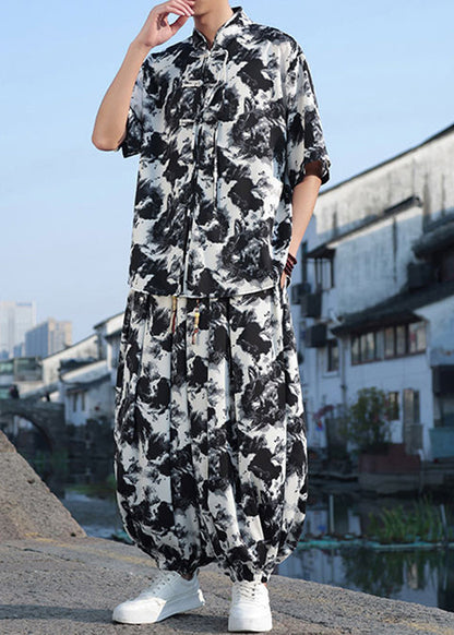 Stylish Black Print Button Ice Silk Shirt and Lantern Pants Two Piece Set Short Sleeve