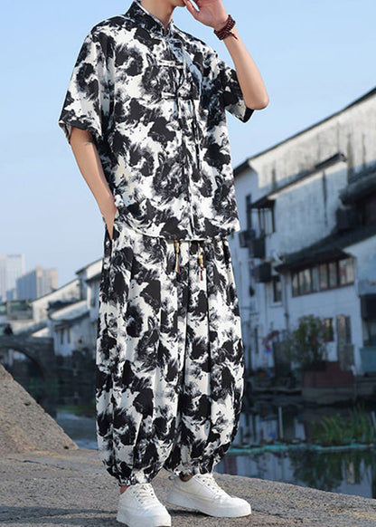 Stylish Black Print Button Ice Silk Shirt and Lantern Pants Two Piece Set Short Sleeve