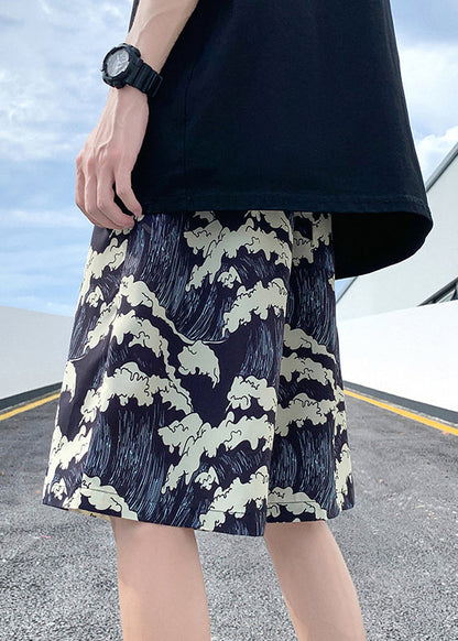 Stylish Black Print Elastic Waist Ice Silk Shorts Summer
