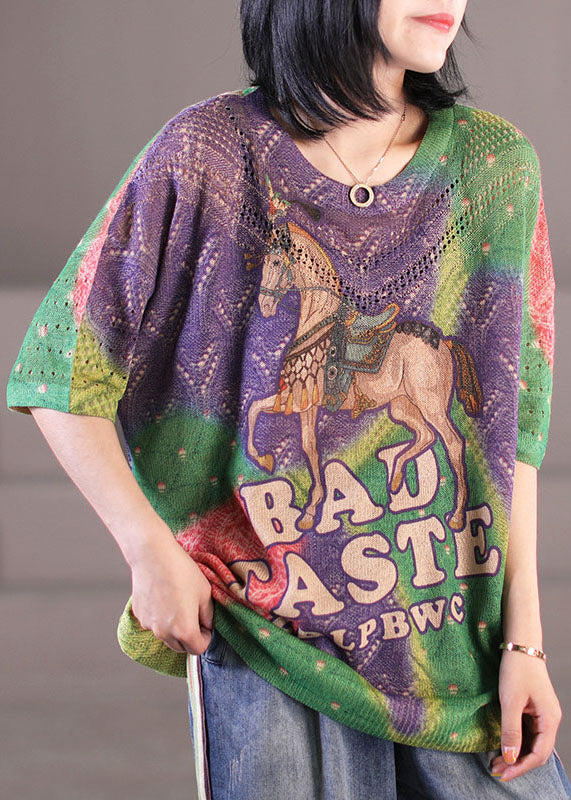 Stylish Black Print O-neck Knit Loose Tank Tops Half Sleeve