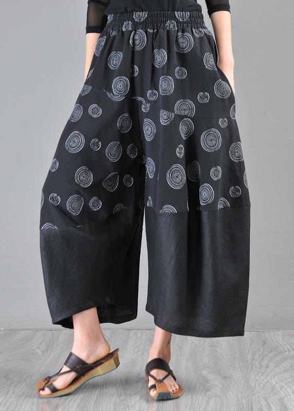 Stylish Black Print Asymmetrical Design Cotton Linen Wide Leg Pants Summer