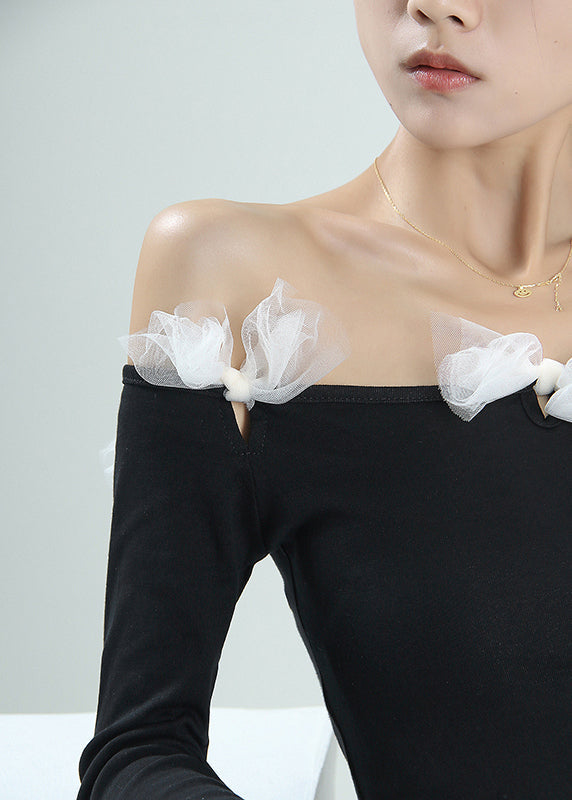 Stylish Black Slash Neck Bow Cotton Top Long Sleeve