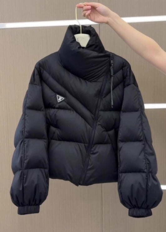 Stylish Black Stand Collar Zippered Patchwork Parka Puff Sleeve
