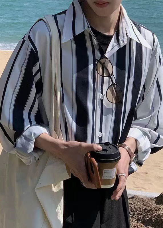 Stylish Black Striped Button Cotton Shirts Spring