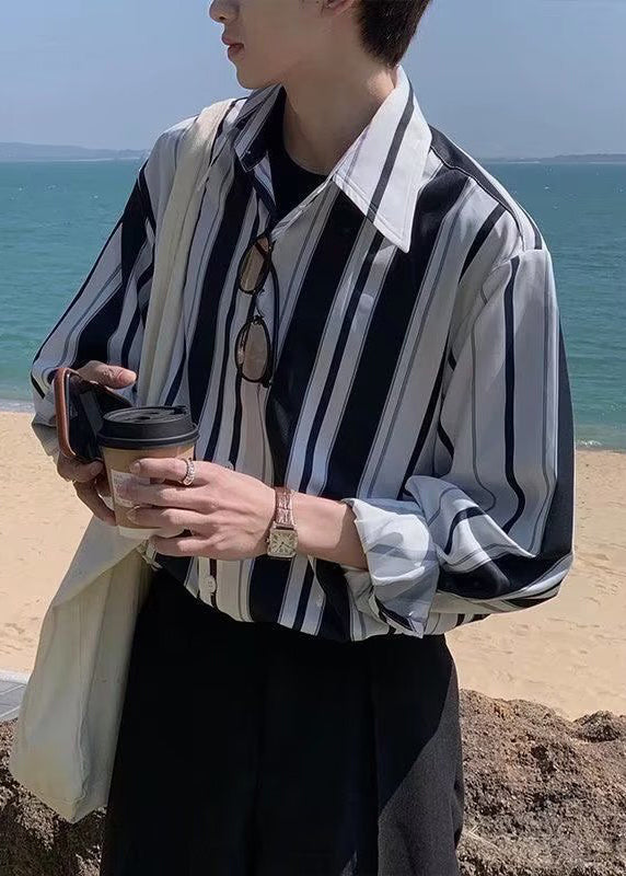 Stylish Black Striped Button Cotton Shirts Spring