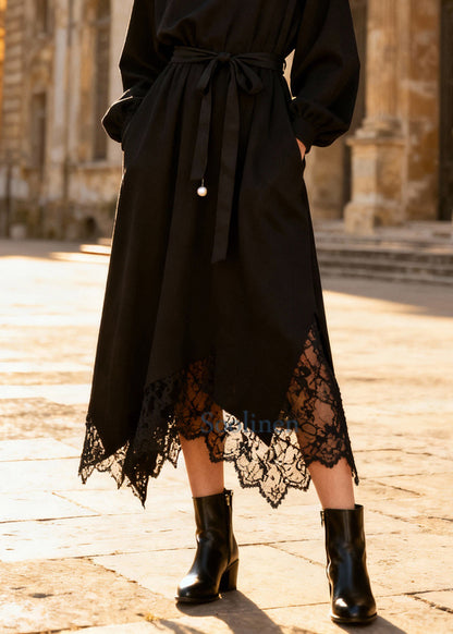 Stylish Black Turtleneck Lace Patchwork Long Dress Spring
