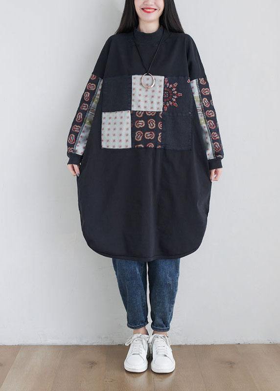 Stylish Black Turtleneck Print Loose Fall Sweatshirts Dress