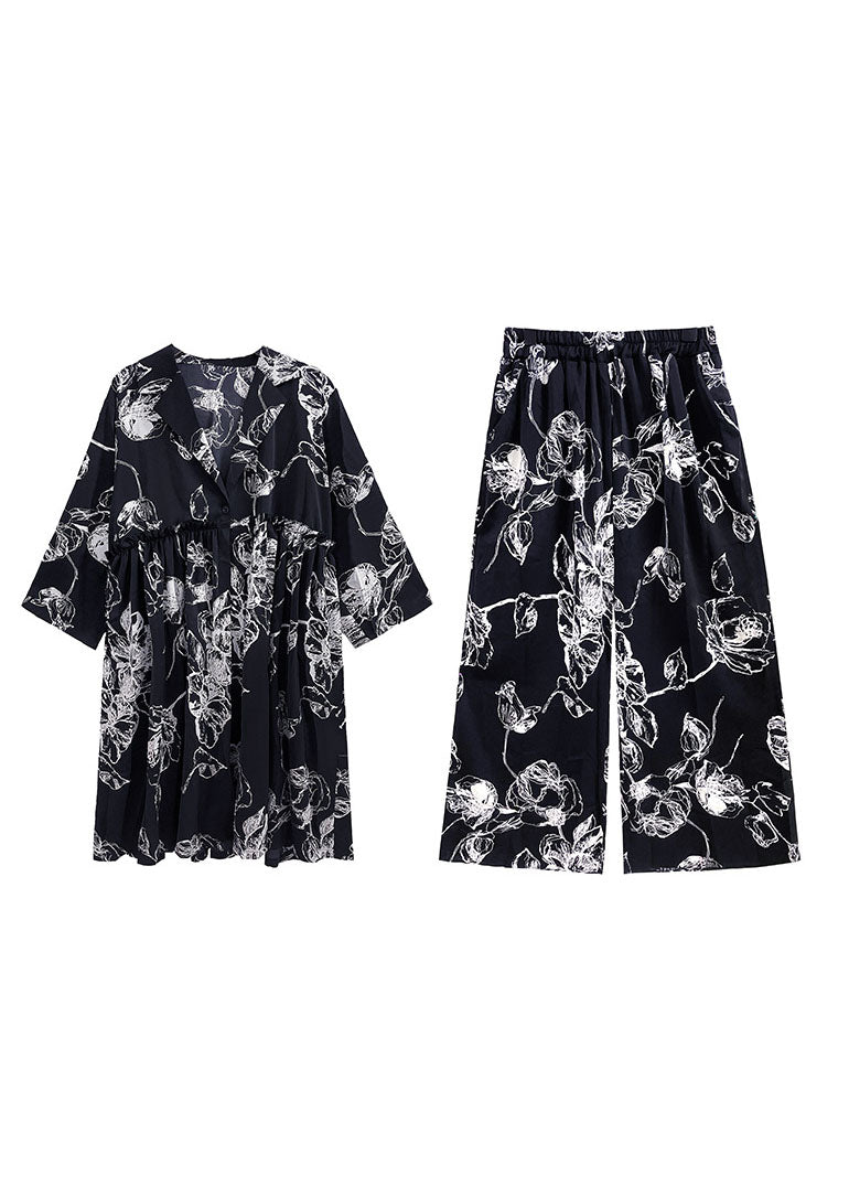 Stylish Black V Neck Cinched Print Silk Tops Wide Leg Pants Two Pieces Set Spring