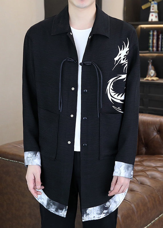Stylish Black V Neck Print Patchwork Upf 50+ Coat Long Sleeve